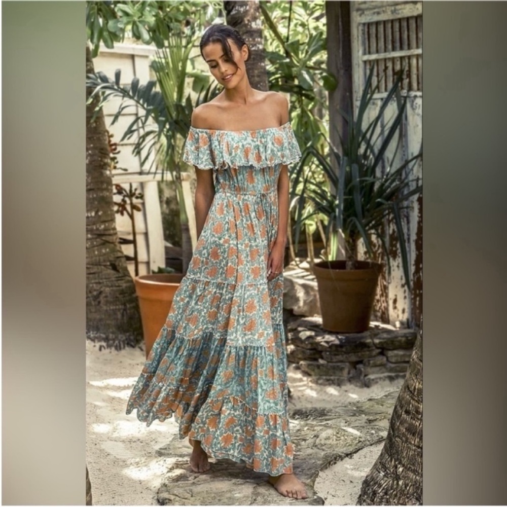 Miss June Boho Maxi Dress Floral Tiered Off Shoulder Teal Green Coral One Size - Picture 2 of 16